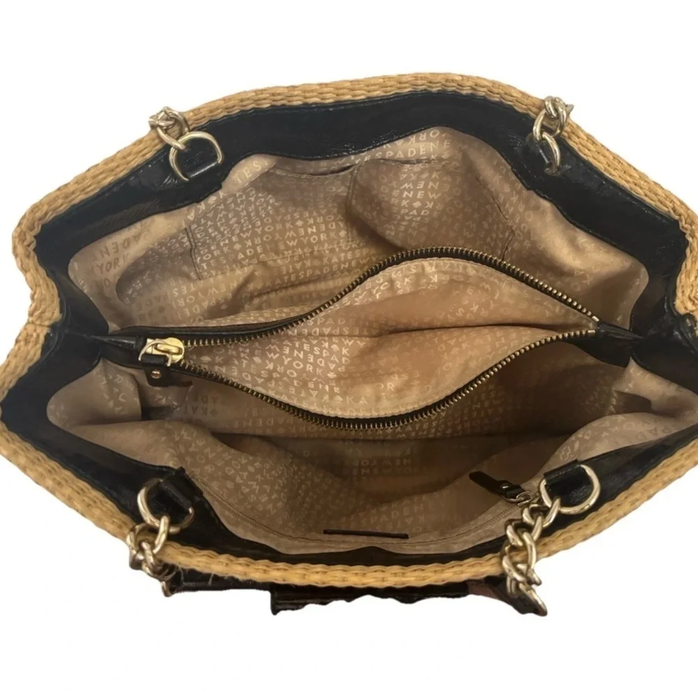 Kate spade Handbag Satchel Straw Leather Shoulder Bag Black Camel Striped